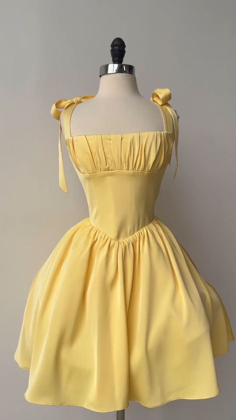 Pretty Yellow A Line Bow Straps Square Satin Short Homecoming Dress 18th Birthday Outfits C5393