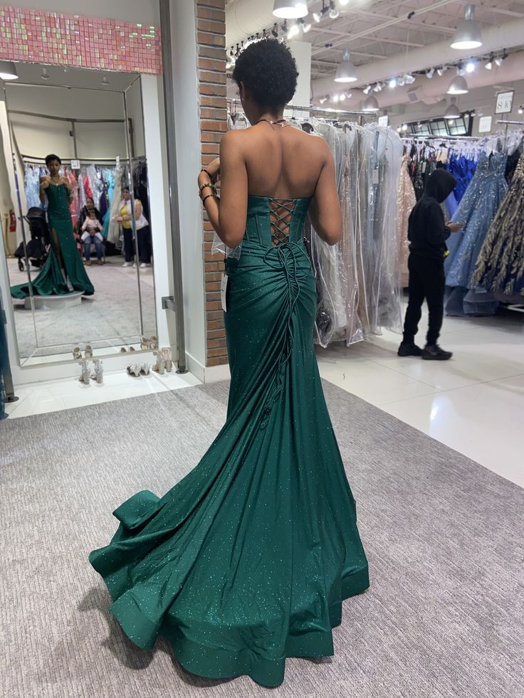Chic Mermaid Strapless Dark Green Satin Sequin Slit Long Prom Dresses Formal Dress C5633