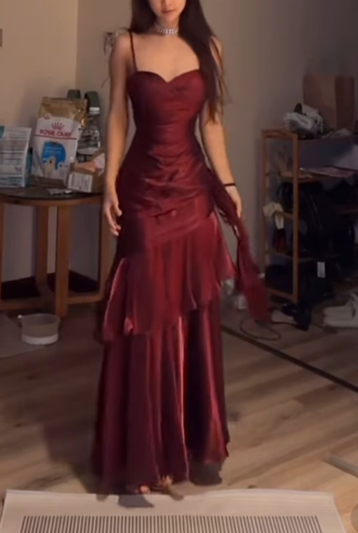 Modest Mermaid Spaghetti Straps Burgundy Satin Long Prom Dresses Formal Dress C5639