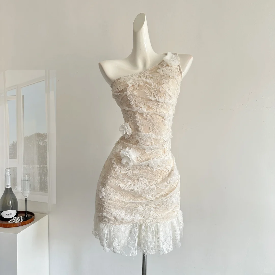 Pretty Mermaid One Shoulder Lace Short Homecoming Dress 20th Birthday Outfits C5455