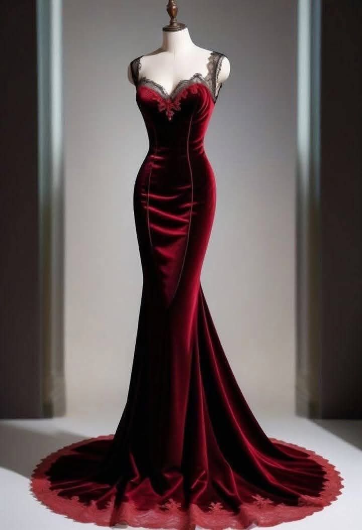 Sexy Mermaid Sweetheart Burgundy Velvet Lace Long Prom Dresses Formal Dress C5701