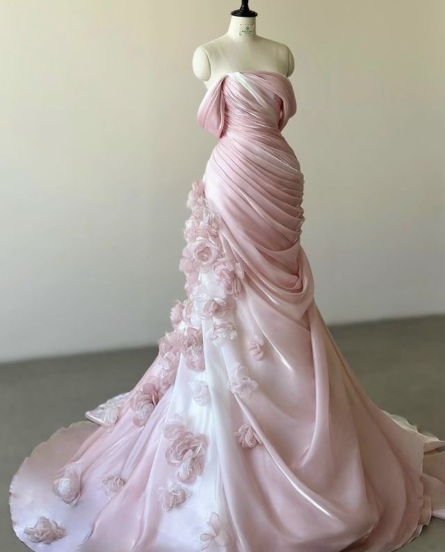 Ombre Mermaid Off The Shoulder Pleated Satin Applique Long Prom Dresses Formal Dress C5702