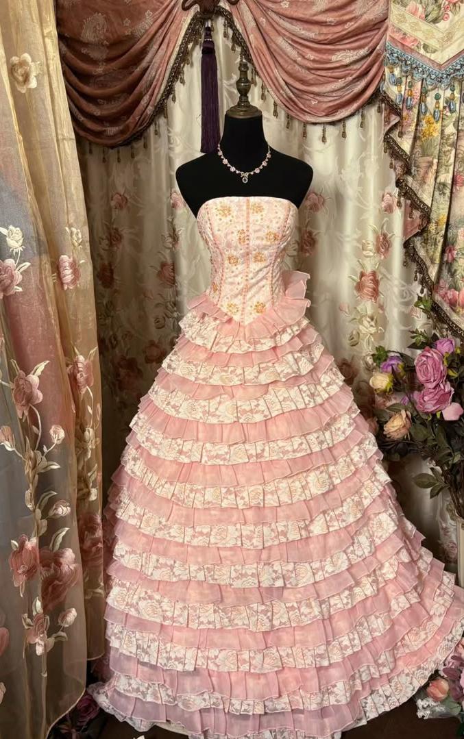 Chic Vintage Ball Gown Strapless Printed Layer Satin Long Prom Dresses Formal Dress C5703