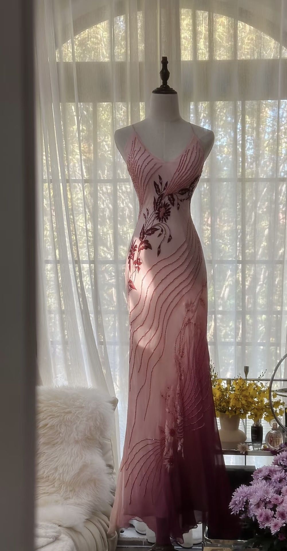Pretty Mermaid Spaghetti Straps Chiffon Beads Flower Long Prom Dresses Formal Dress C5706