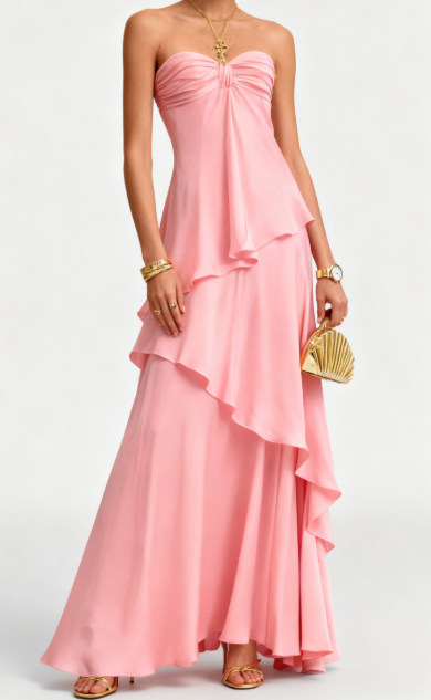 Pretty A Line Strapless Satin Ruffle Long Prom Dresses Formal Dress C5708