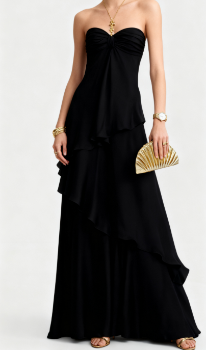 Pretty A Line Strapless Satin Ruffle Long Prom Dresses Formal Dress C5708