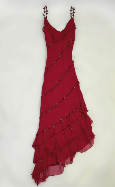 Unique A Line Burgundy Spaghetti Straps Chiffon Beads Long Prom Dresses Formal Dress C5712