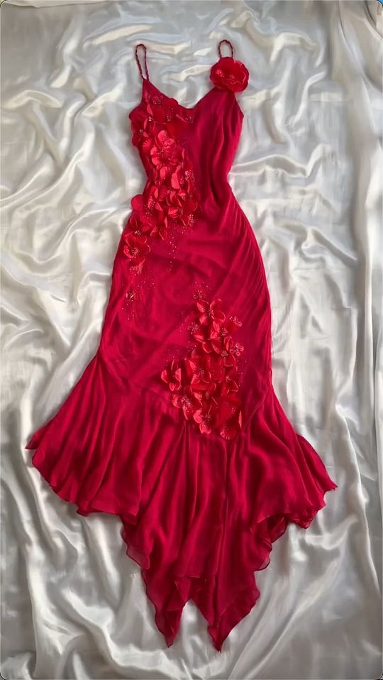 Impressed A Line Red Spaghetti Straps Chiffon Applique Long Prom Dresses Formal Dress C5713
