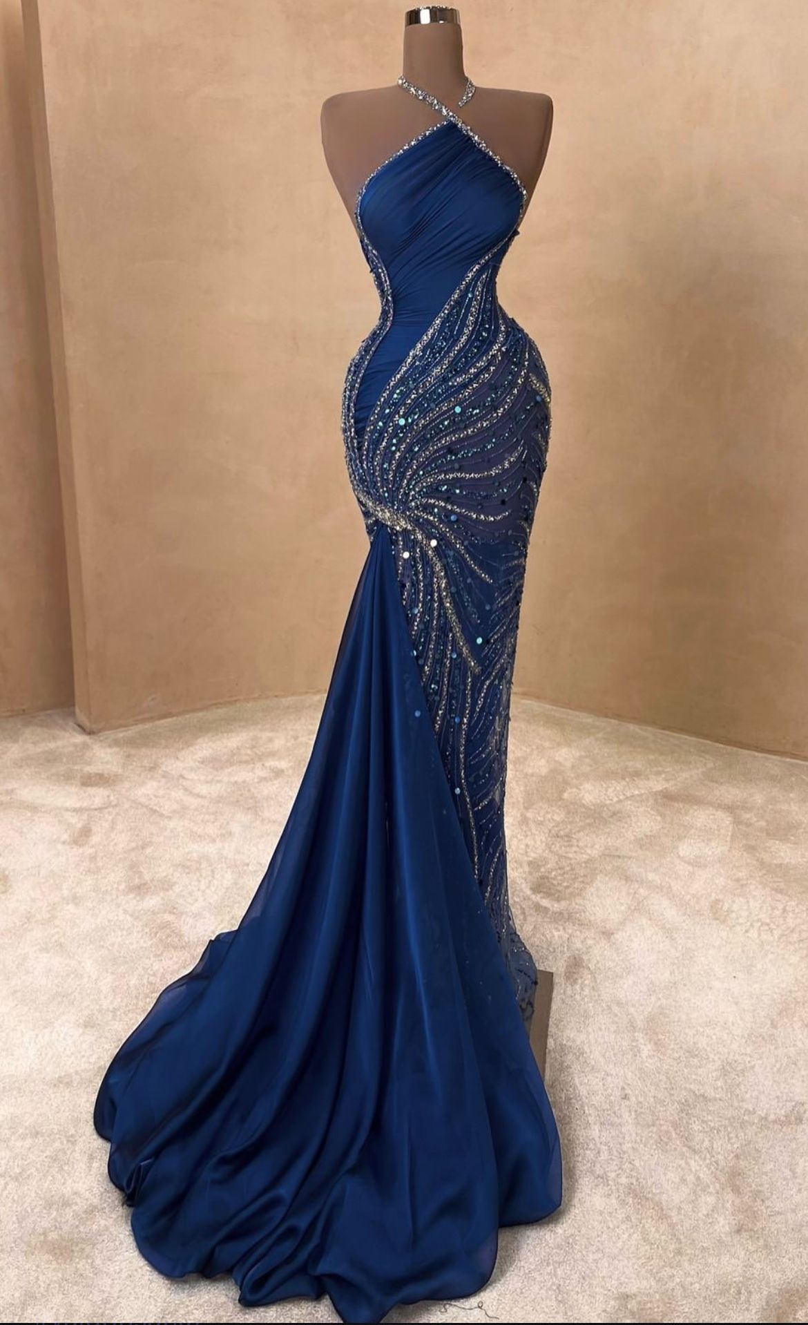 Sparkles Mermaid Halter Satin Beads Long Prom Dresses Formal Dress C5750