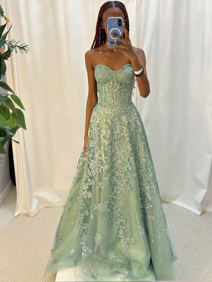 Shiny A Line Strapless Tulle Applique Long Prom Dresses Formal Dress C5752