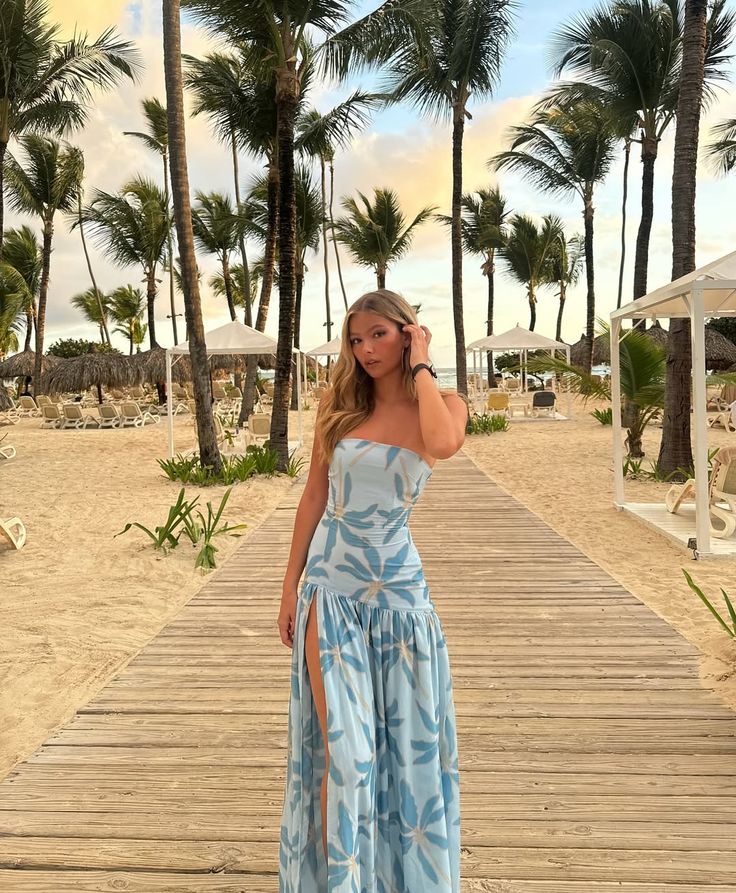 Unique A Line Strapless Printed Satin Slit Long Prom Dresses Formal Dress C5753