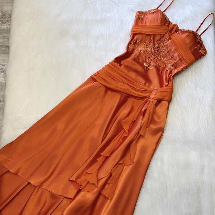 Gorgeous A Line Spaghetti Straps Satin Chiffon Ruffle Beads Long Prom Dresses Formal Dress C5757