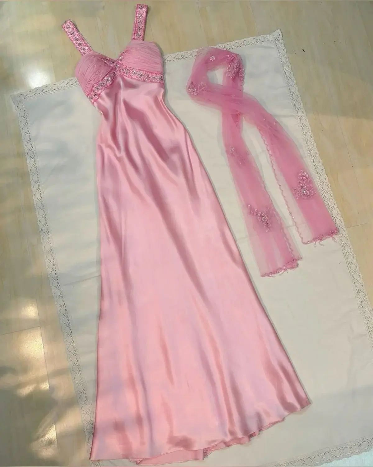 Pretty Pink A Line Sweetheart Satin Sequin Long Prom Dresses Formal Dress C5758