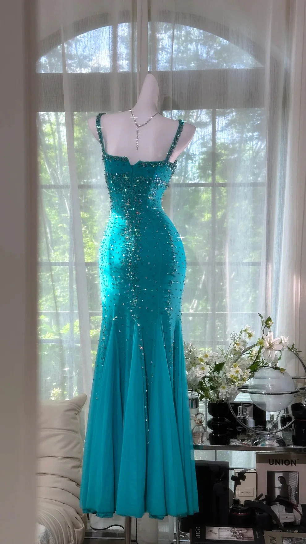 Sexy Glitter Mermaid Spaghetti Straps Chiffon Beads Long Prom Dresses Formal Dress C5760