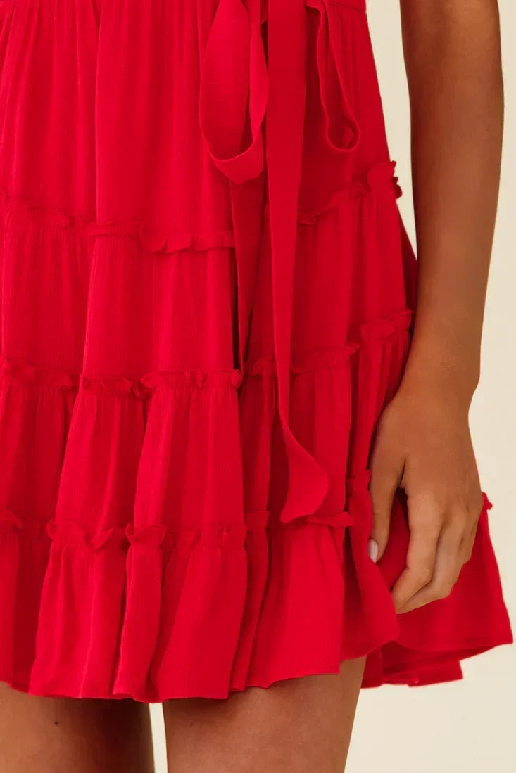 V-Neck Tie Cuff Puff Sleeve Tie Waist Tiered Ruffle Mini Dress 7
