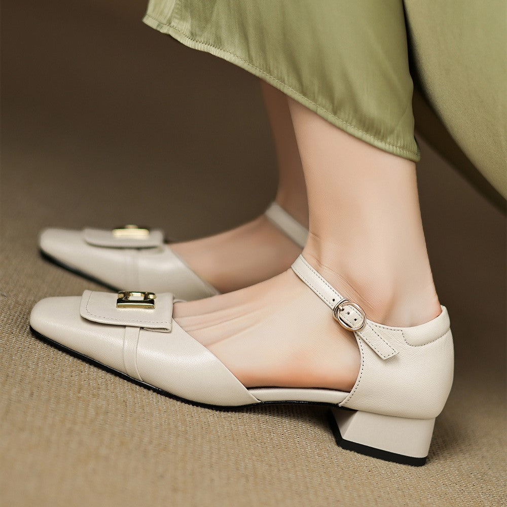 Square Toe Ankle Strap Metal Buckle Block Heel Mary Jane Pumps 9