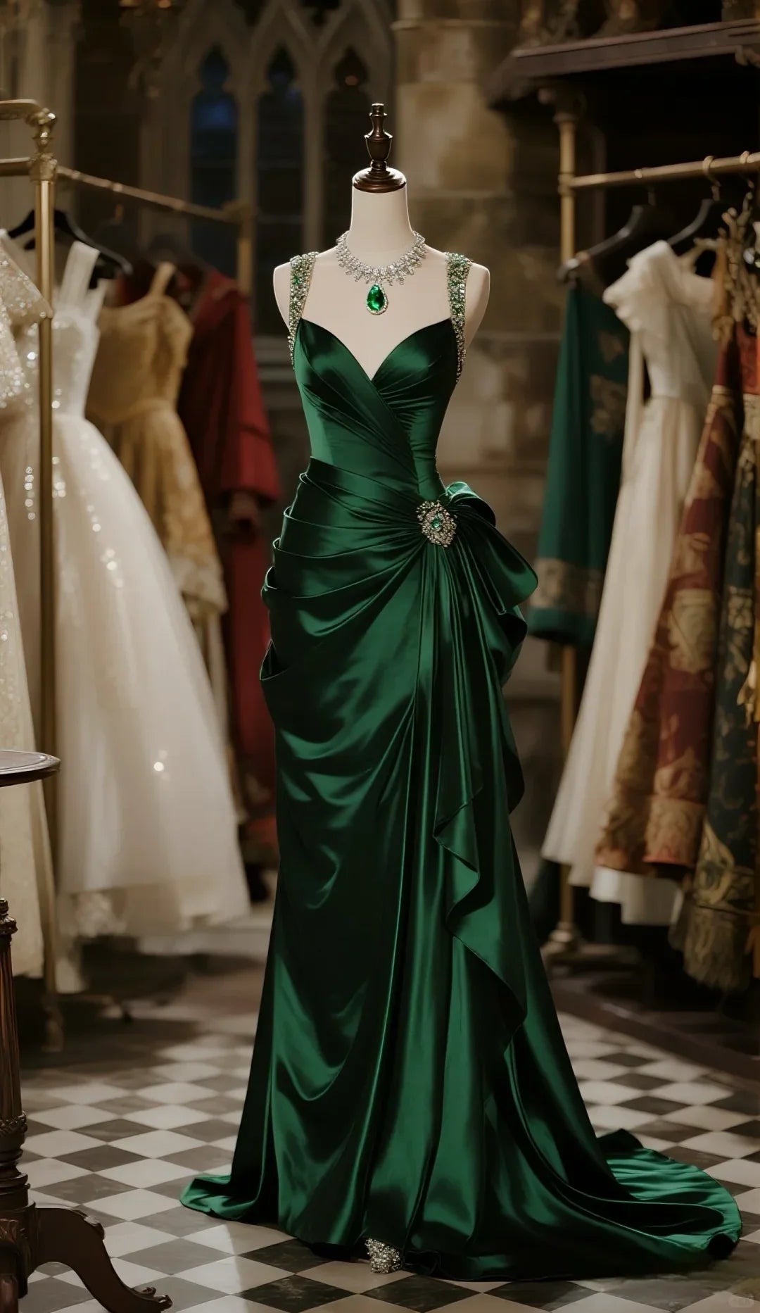 Dark Green Mermaid Beaded Straps Satin Pleated Long Prom Dress, Evening Dress