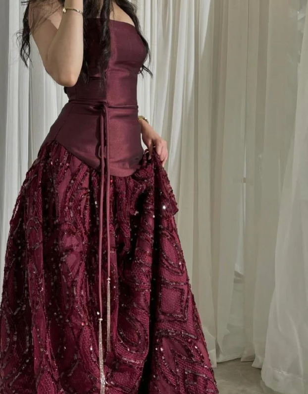 Shiny A Line Strapless Satin Tulle Sequin Long Prom Dress, Evening Dress C6118