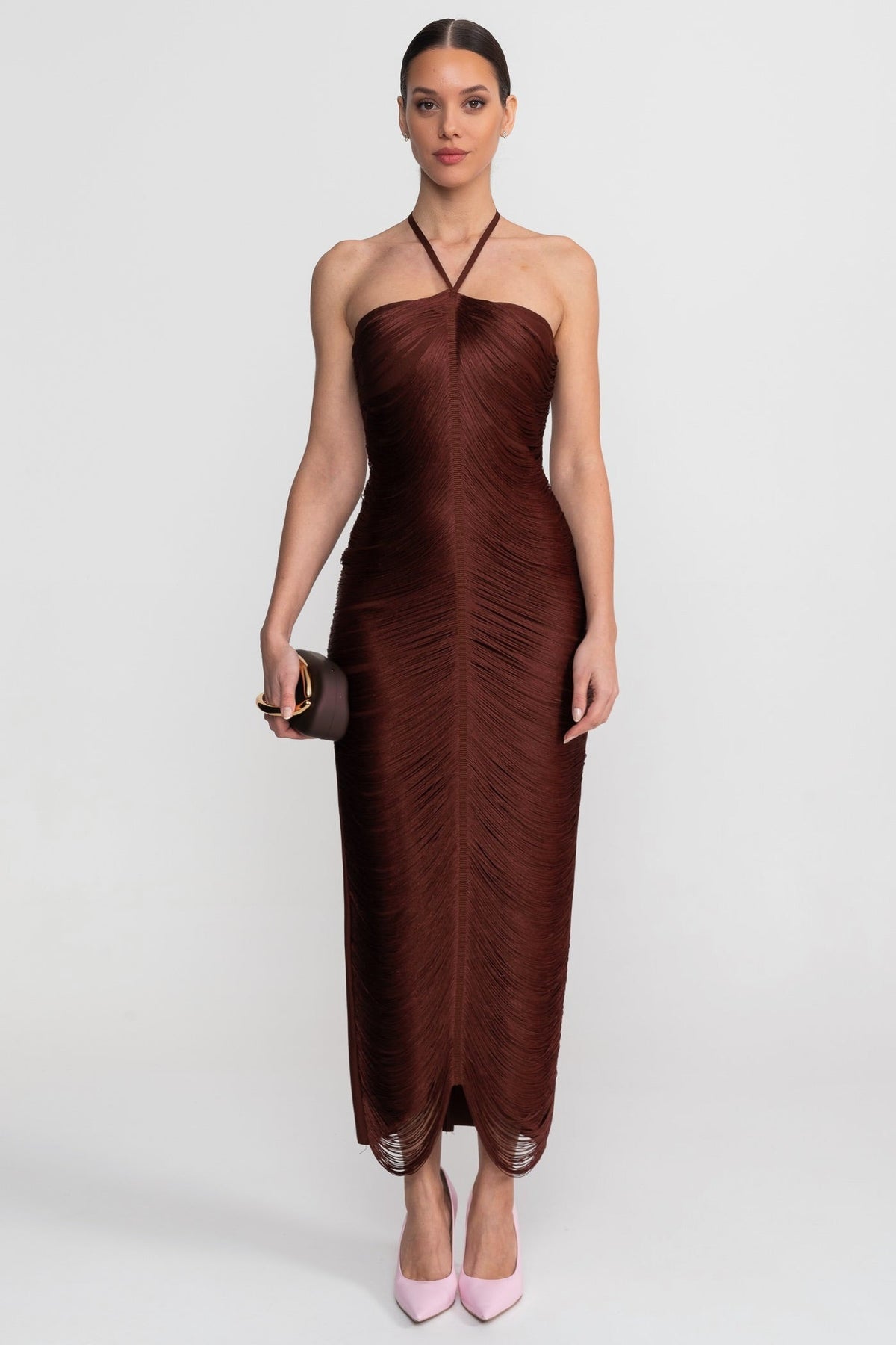 Halter Neck Draped Fringe Strand Bodycon Midi Dress