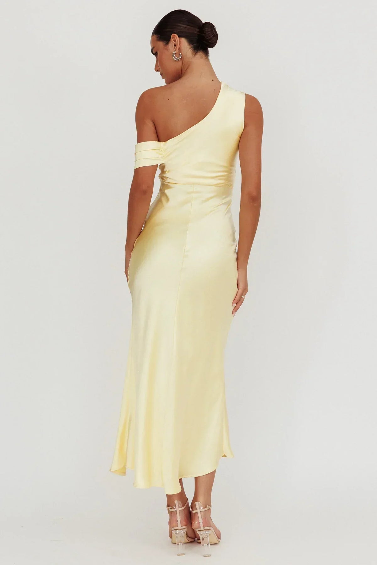 Satin One Shoulder Pleated Drape High Split Midi Dress 2