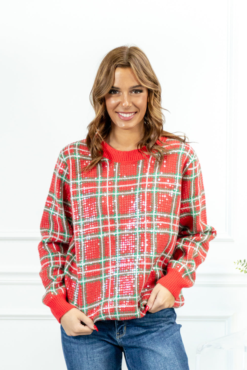 Glittering Plaid Sequin Sweater