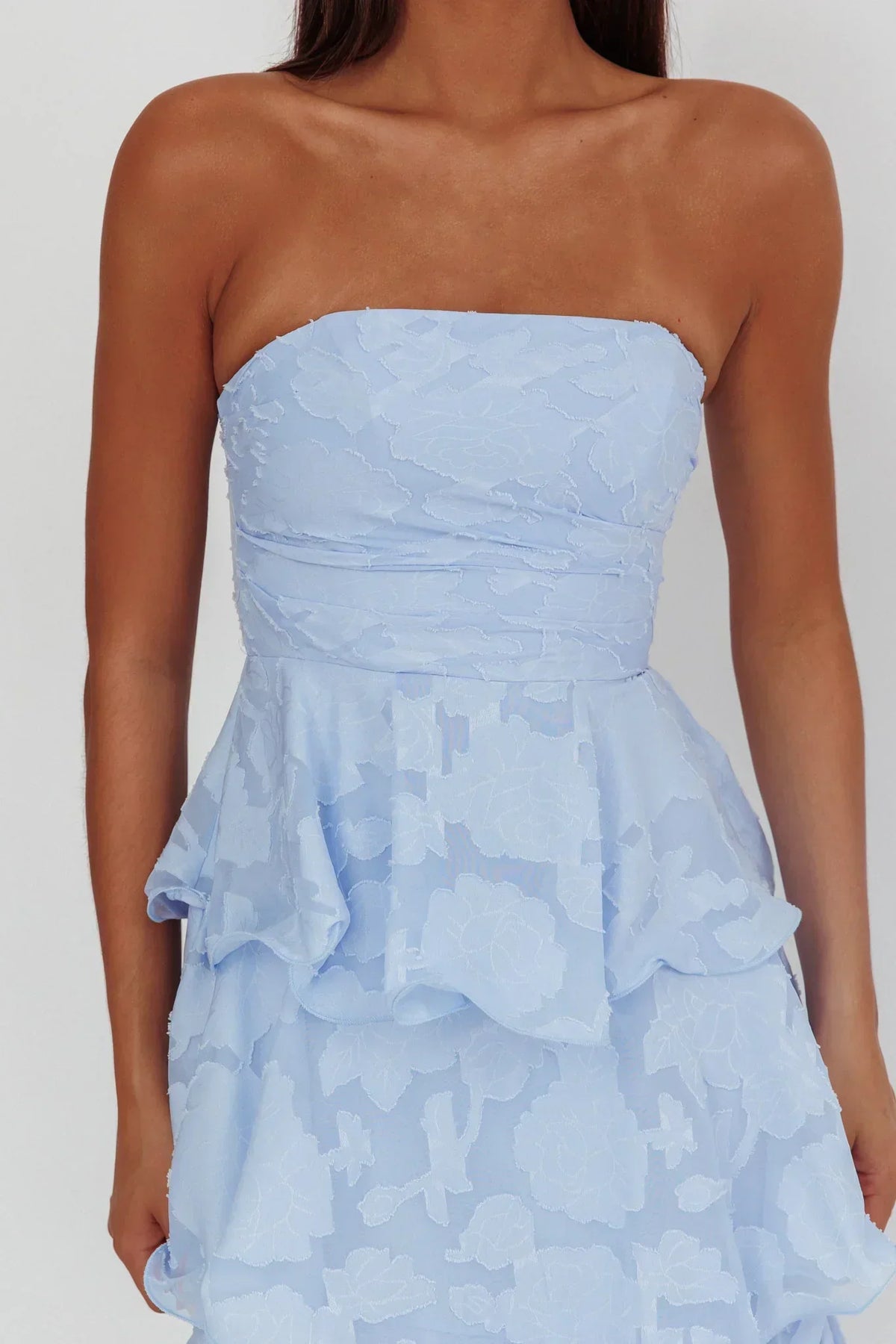 Floral Burnout Strapless Ruched Bodice Tiered Ruffle Midi Dress 3