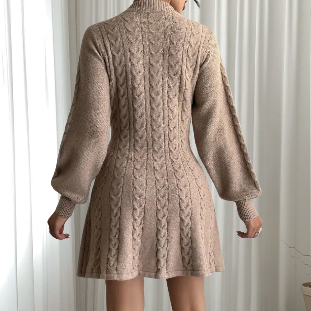 Cable Knit Deep V-Neck Lantern Sleeve Fit and Flare Mini Dress
