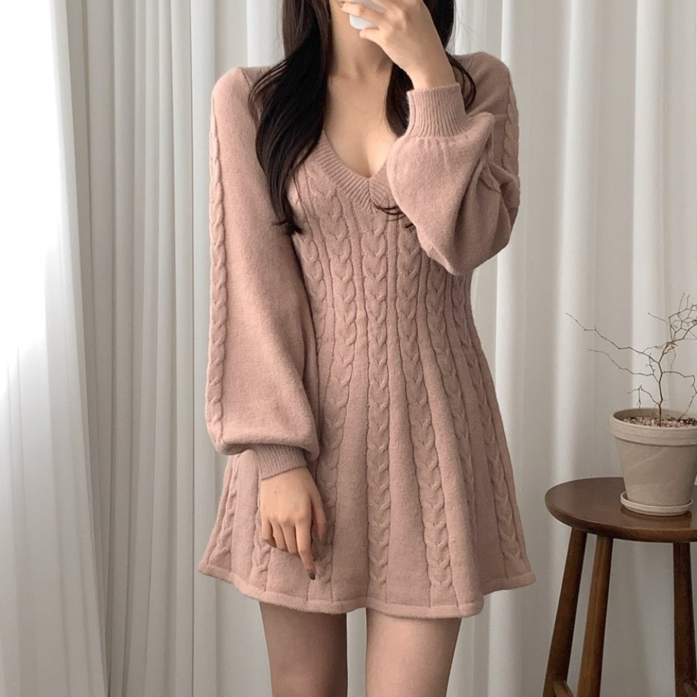 Cable Knit Deep V-Neck Lantern Sleeve Fit and Flare Mini Dress