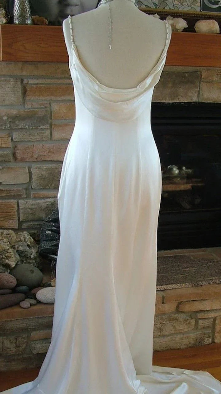 Vintage White Mermaid Beaded Straps Wedding Dress Long Prom Evening Gown cc1558