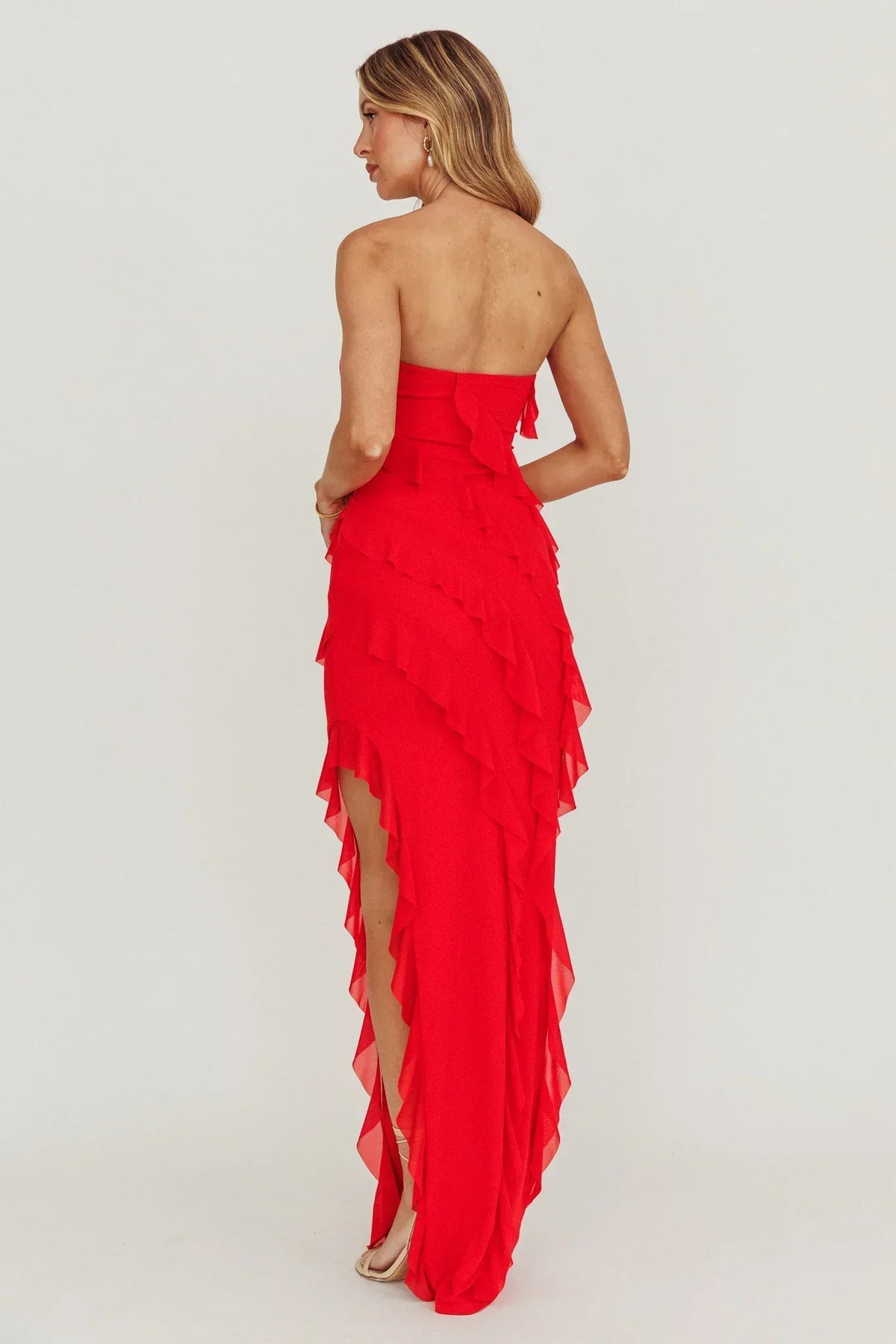 Just Friends Strapless Ruffle Maxi Dress Red
