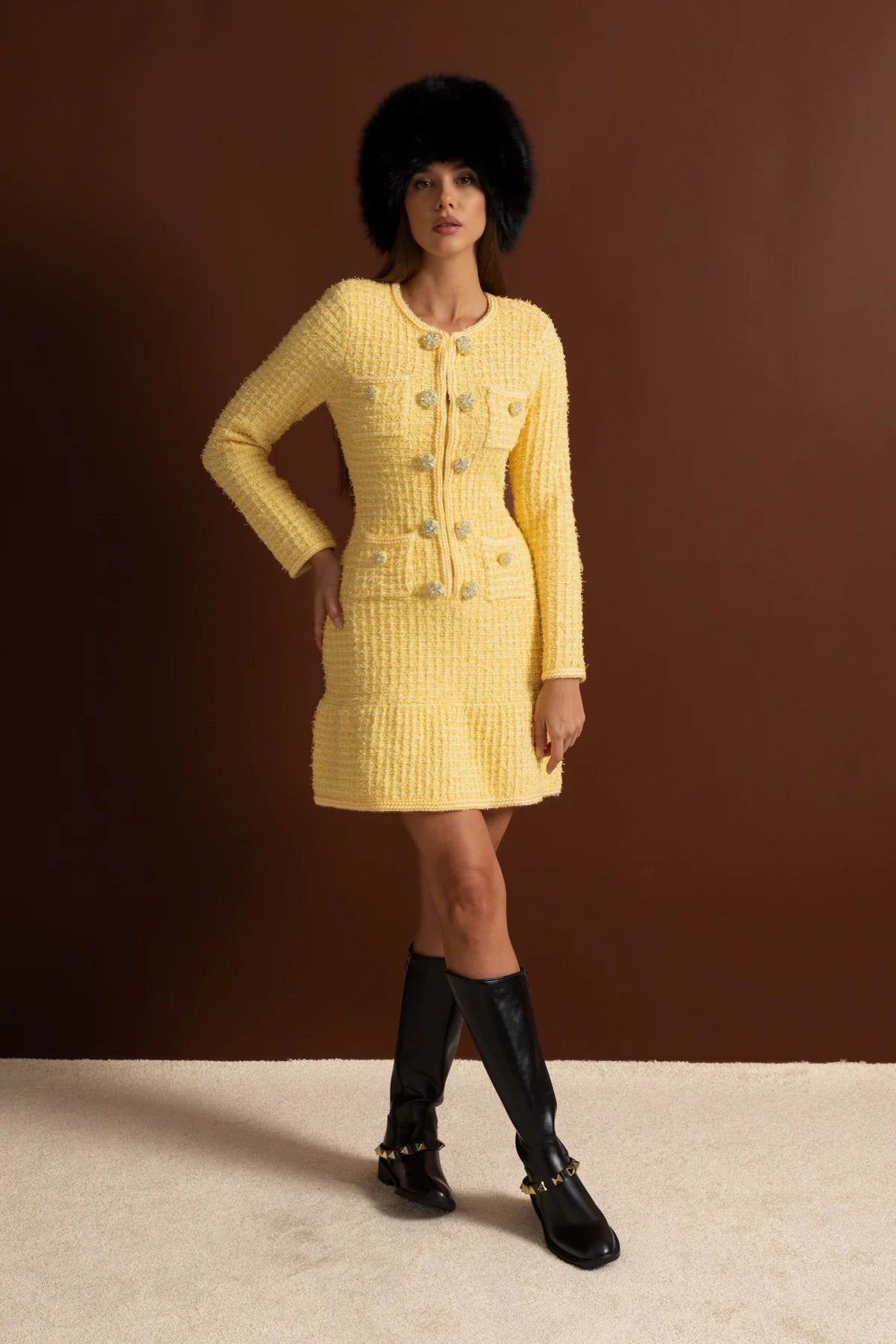 Long Sleeve Crystal Button Four Pocket Tweed Texture Mini Dress - View 2