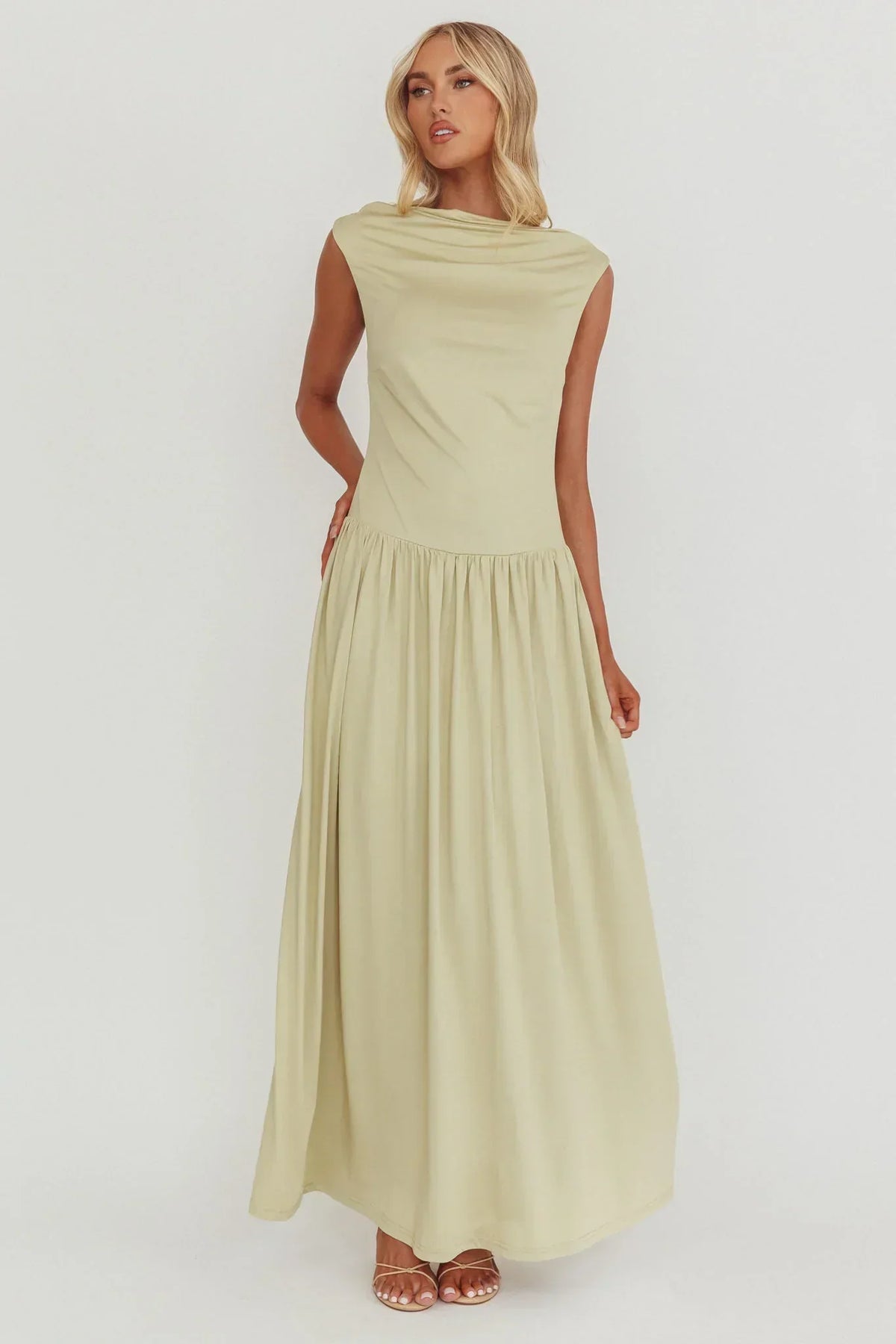 High Cowl Neck Cap Sleeve Open Back Drop Waist Maxi Dress 5