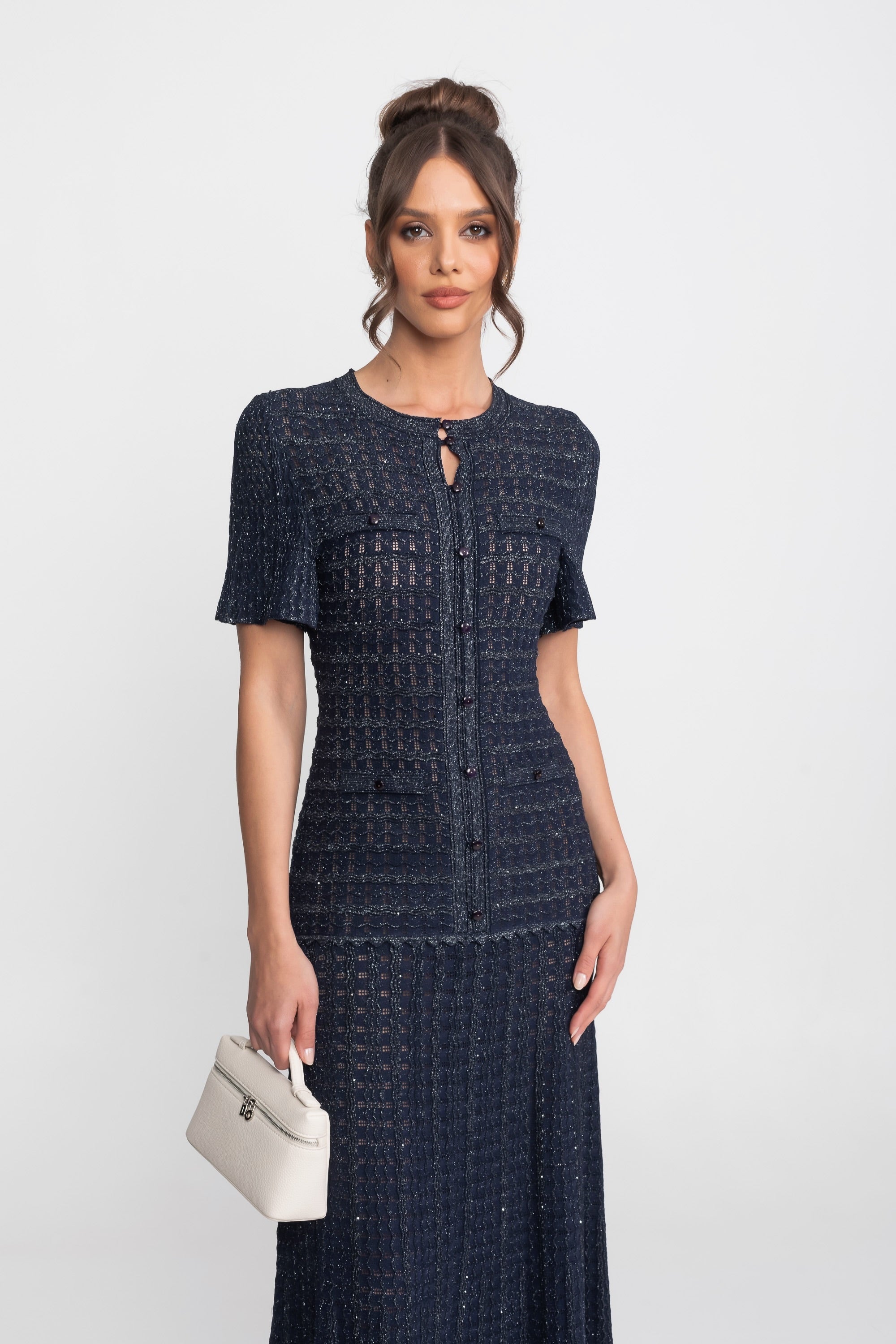 Short Sleeve Midi Dress With Shimmer Knit Texture - Navy
