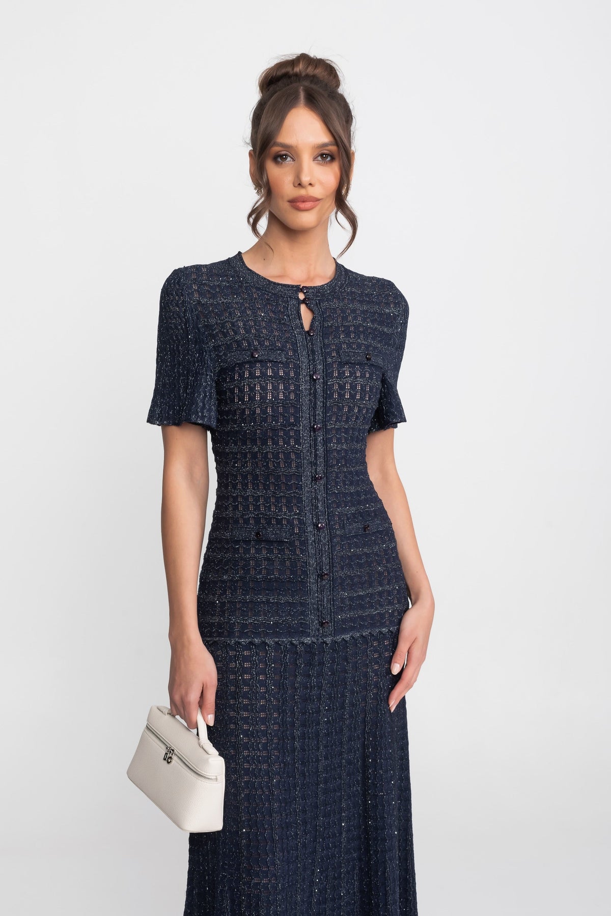 Shimmer Knit Short Sleeve Button Front Keyhole Neck Midi Dress 4
