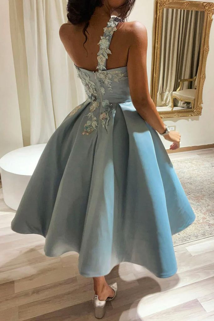 Cute One Shoulder Satin Lace Short Prom Dress, A-Line Party Dress cc881