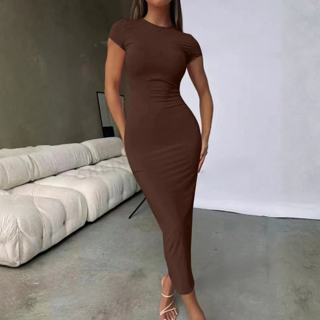 Crew Neck Short Sleeve Ribbed Bodycon Midi Dress
