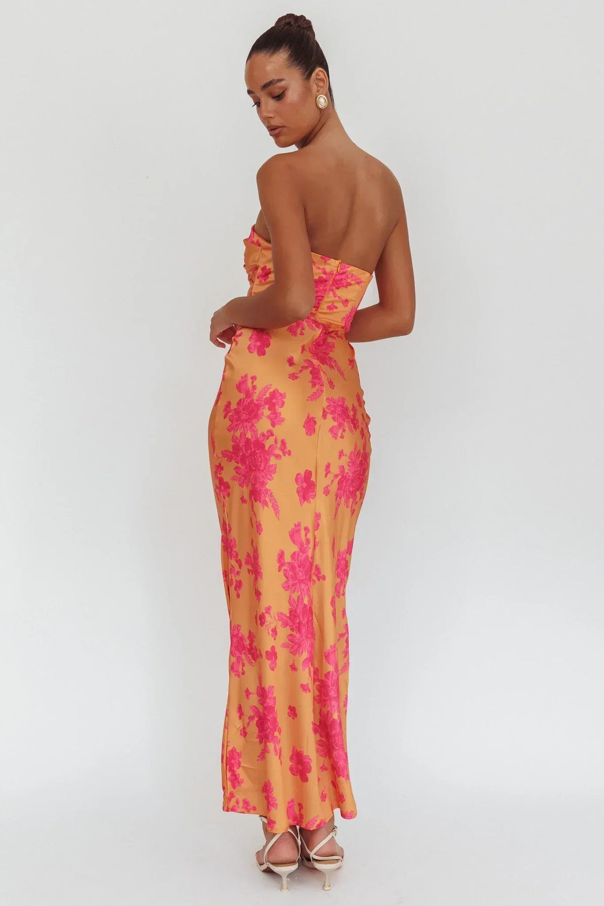 Floral Print Satin Strapless Bias Cut Maxi Dress 2