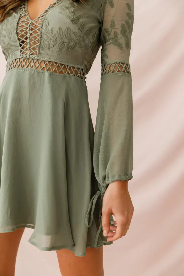 Embroidered Deep V-Neck Crochet Trim Balloon Sleeve Mini Dress 12