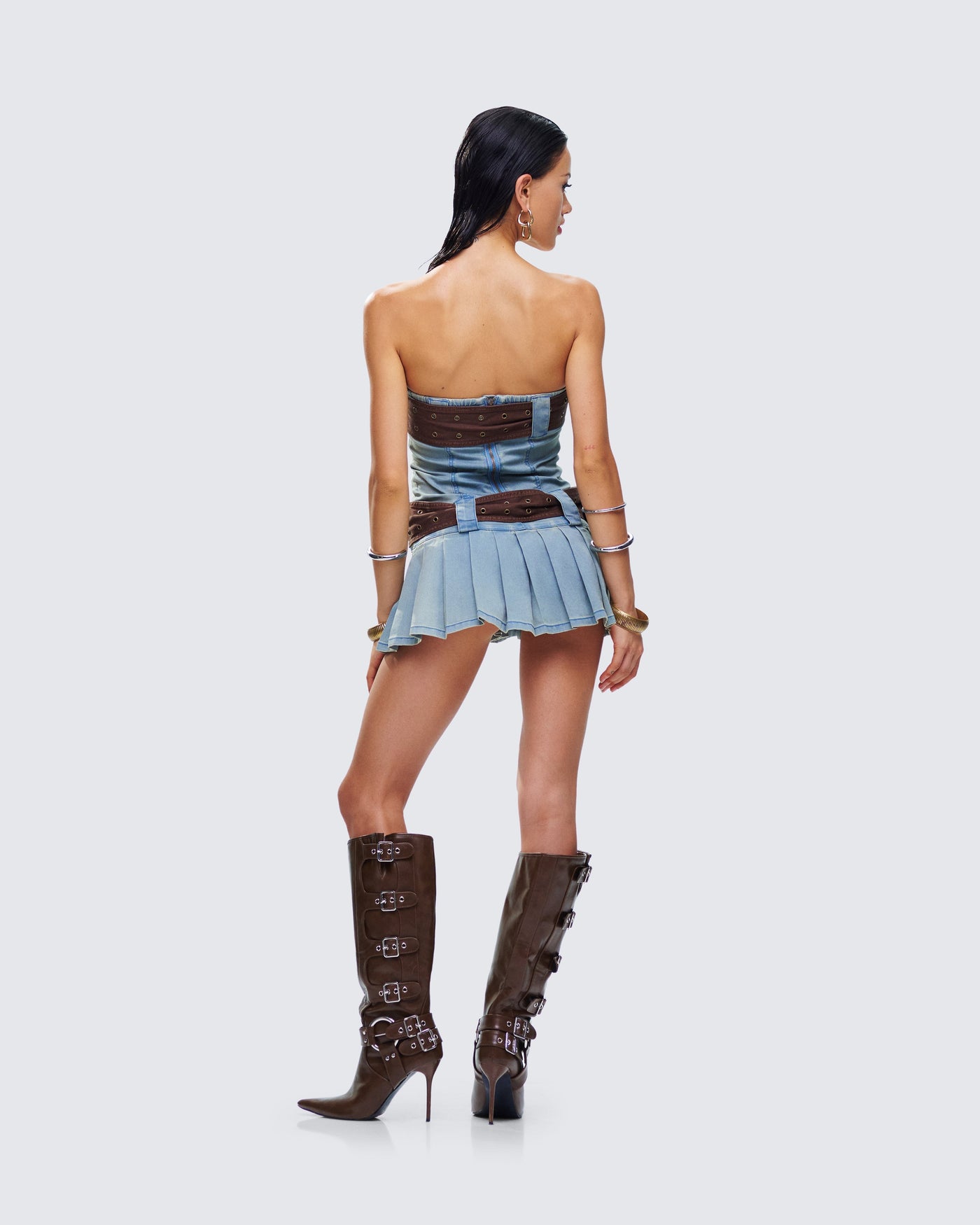 Strapless Buckle Belt Pleated Denim Mini Dress 7