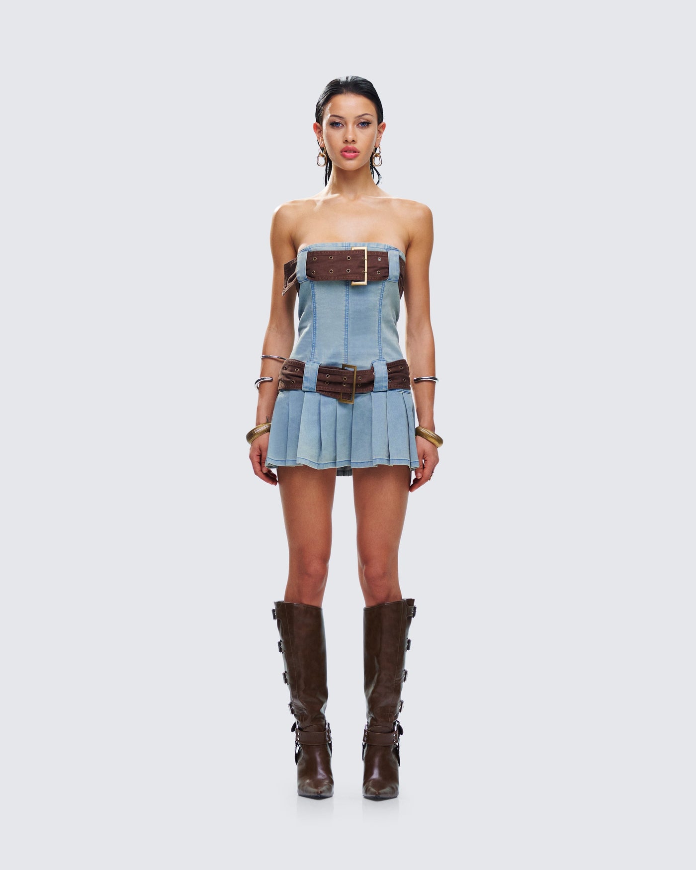 Strapless Buckle Belt Pleated Denim Mini Dress 4