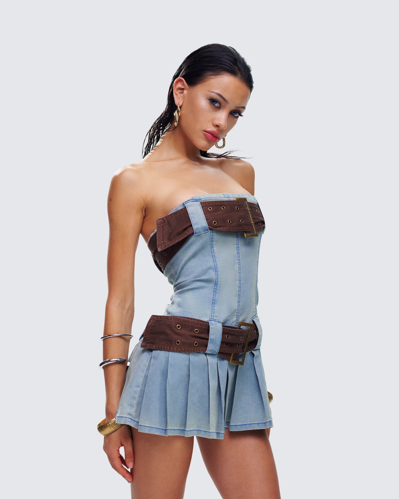 Strapless Buckle Belt Pleated Denim Mini Dress 8