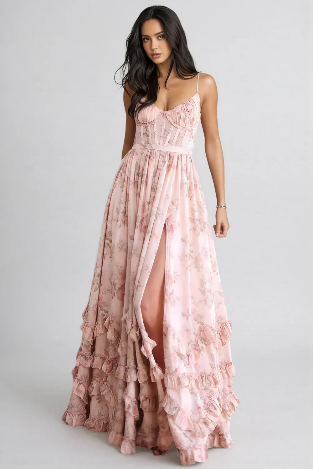 Floral Print Corset Bodice High Split Ruffle Hem Maxi Dress
