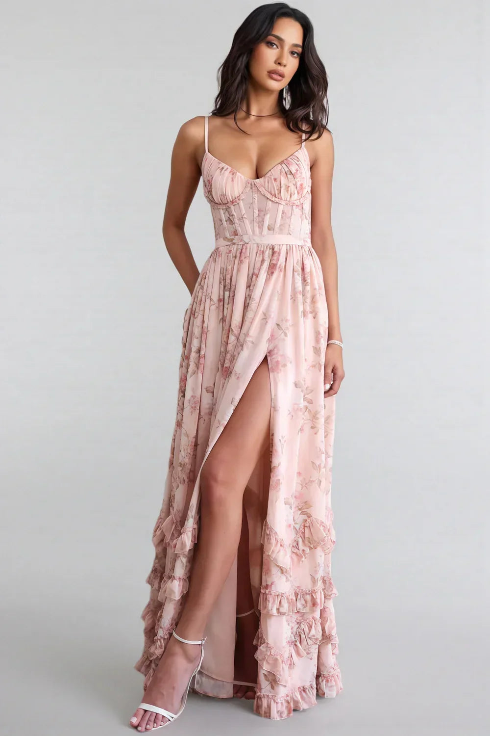 Floral Print Corset Bodice High Split Ruffle Hem Maxi Dress