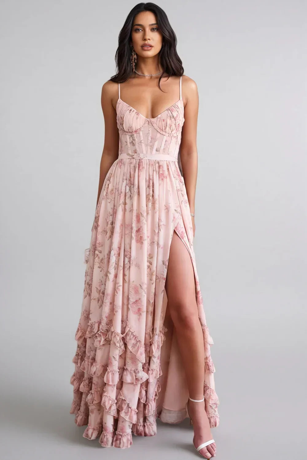 Floral Print Corset Bodice High Split Ruffle Hem Maxi Dress