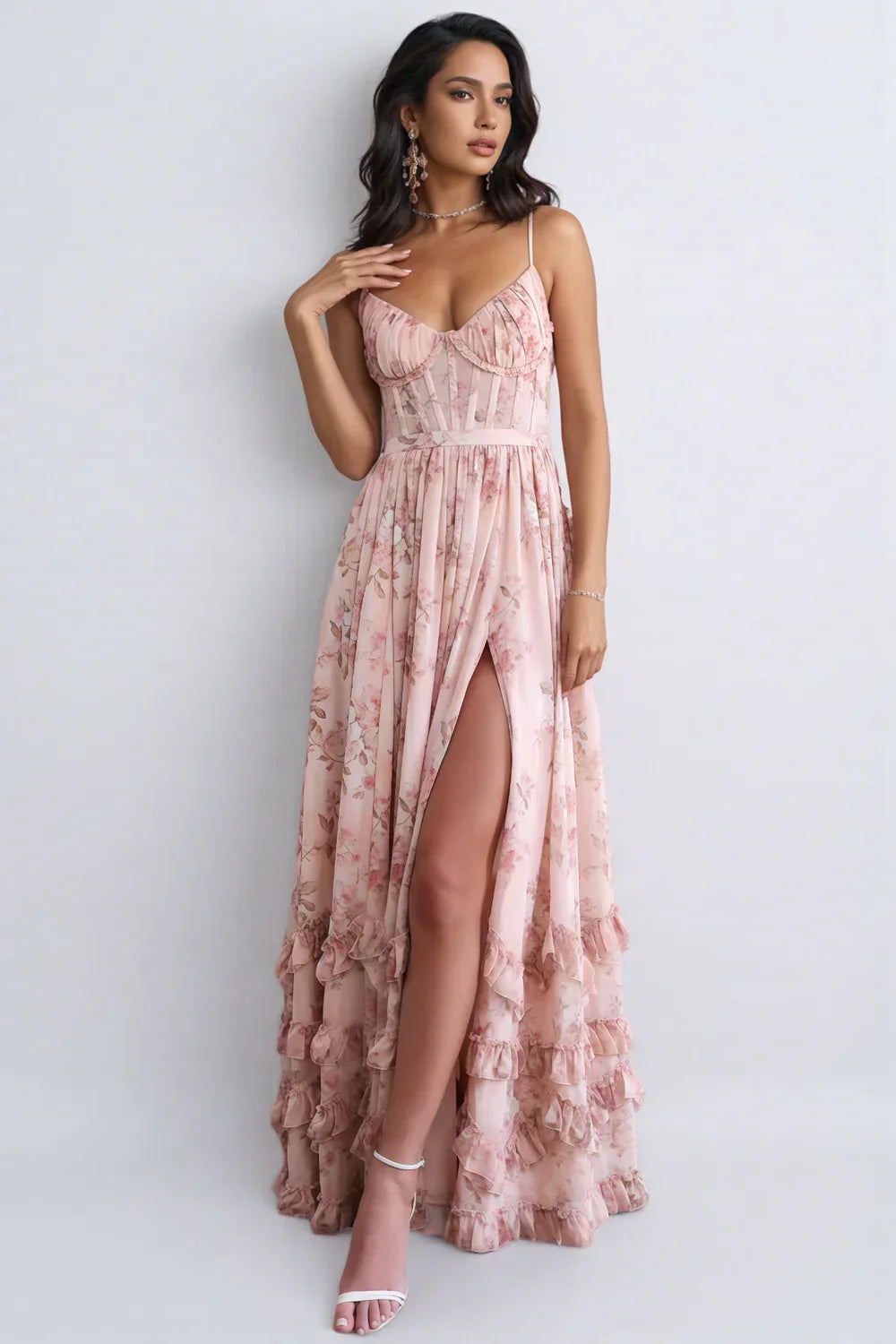 Floral Print Corset Bodice High Split Ruffle Hem Maxi Dress