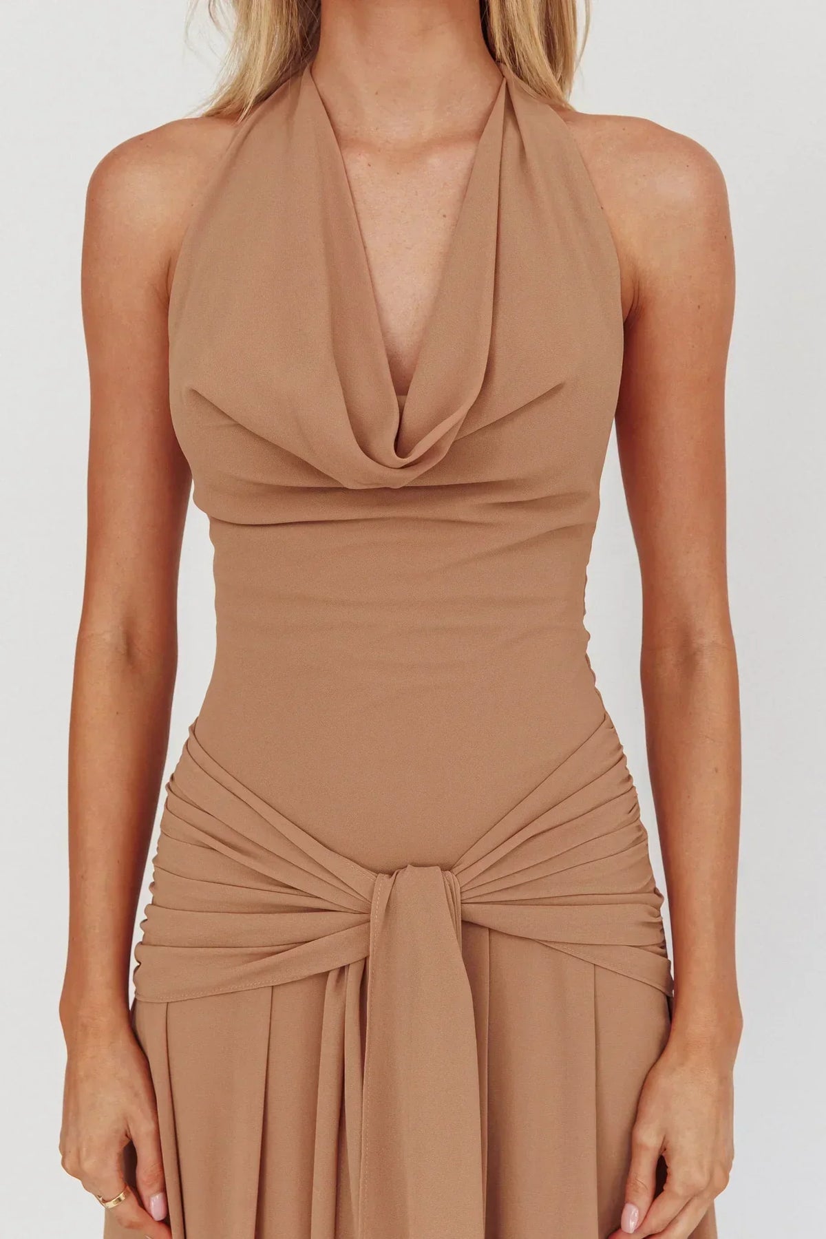Chiffon Cowl Neck Halter Tie Front Drop Waist Maxi Dress 3