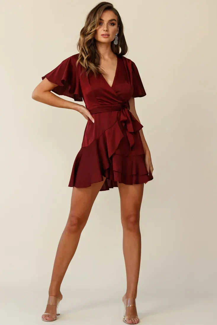 Satin V-Neck Flutter Sleeve Wrap Ruffle Hem Mini Dress 6