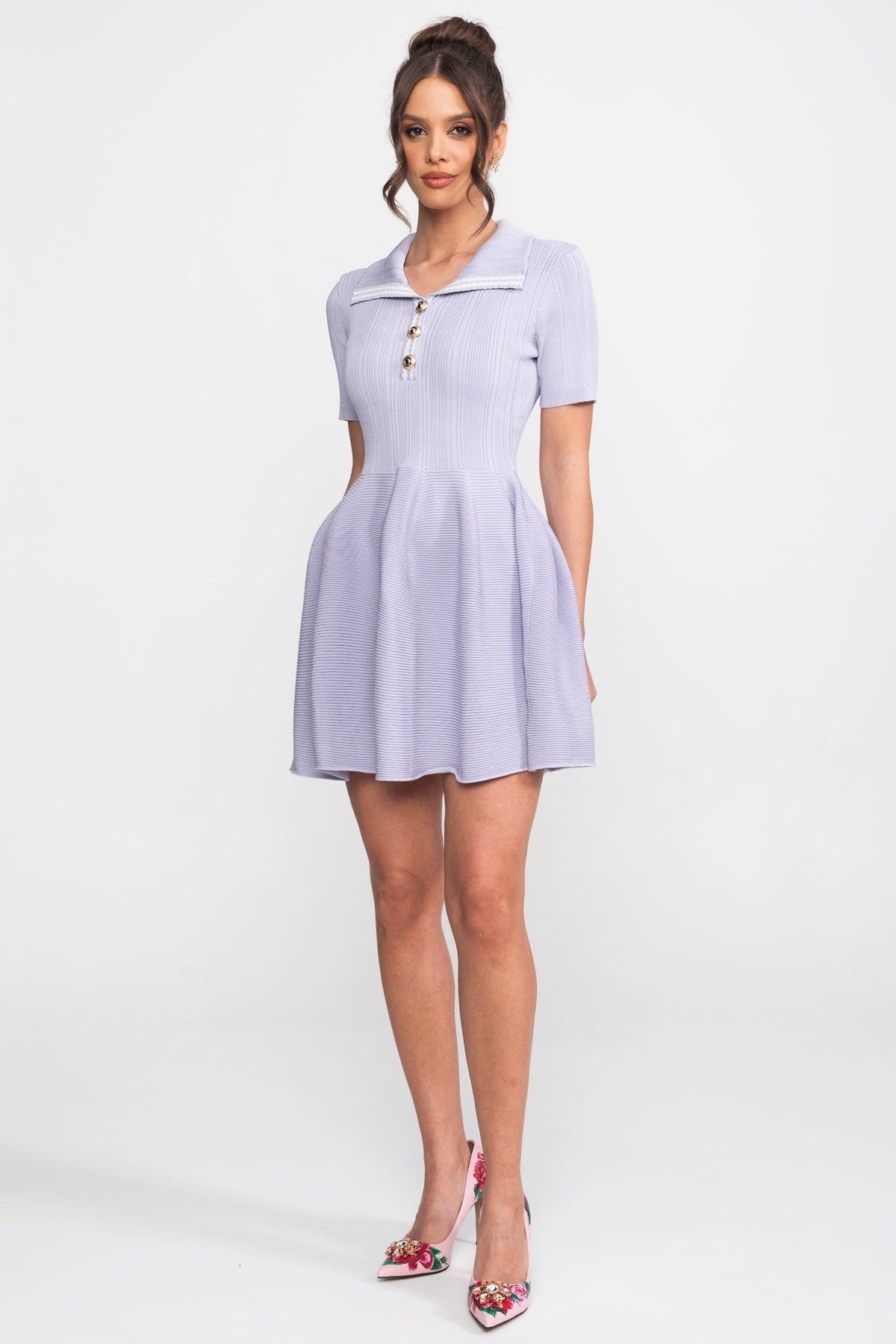 Ribbed Knit Polo Collar Short Sleeve Fit and Flare Mini Dress 3