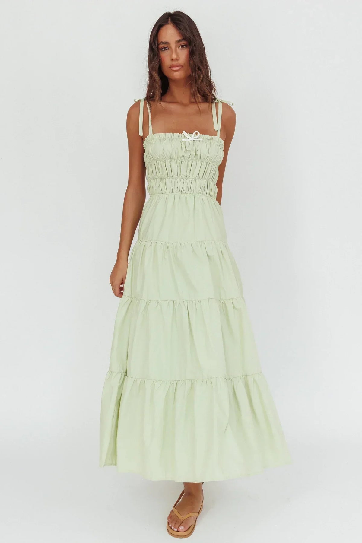 Tie Shoulder Smocked Bodice Bow Front Tiered Maxi Dress 5
