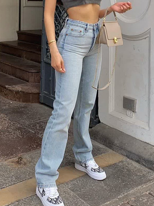 High Waist Slim Straight Leg Full Length Denim Jeans 4
